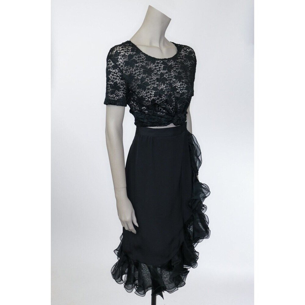 Vintage 1990s 90s Black Silk Ruffled True Wrap Skirt M Goth Gothic Minimalist - Picture 8 of 9